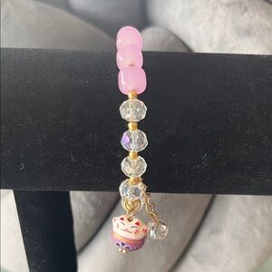 Lilac and Gold Beaded Bracelet with Lucky Cat Charm